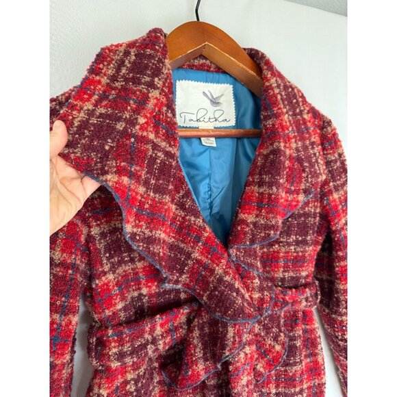Anthropologie Tabitha Moretown Burgundy Red Blue Plaid Belted Blazer Size 12 - Picture 5 of 15